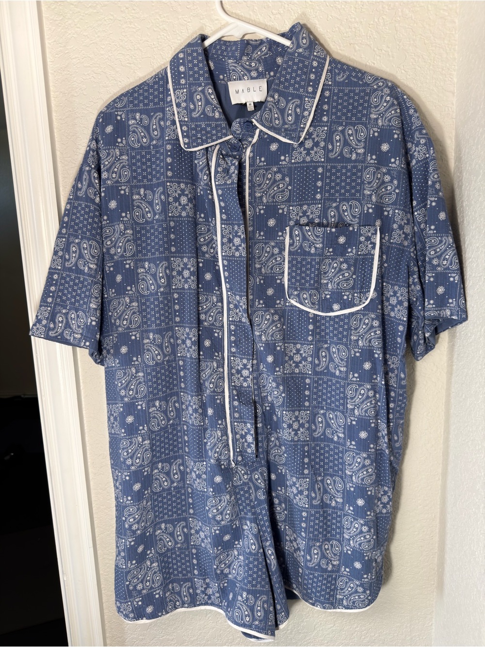 MARBLE Blue Paisley Bandana-Print Short Sleeve Shirt with White Piping
